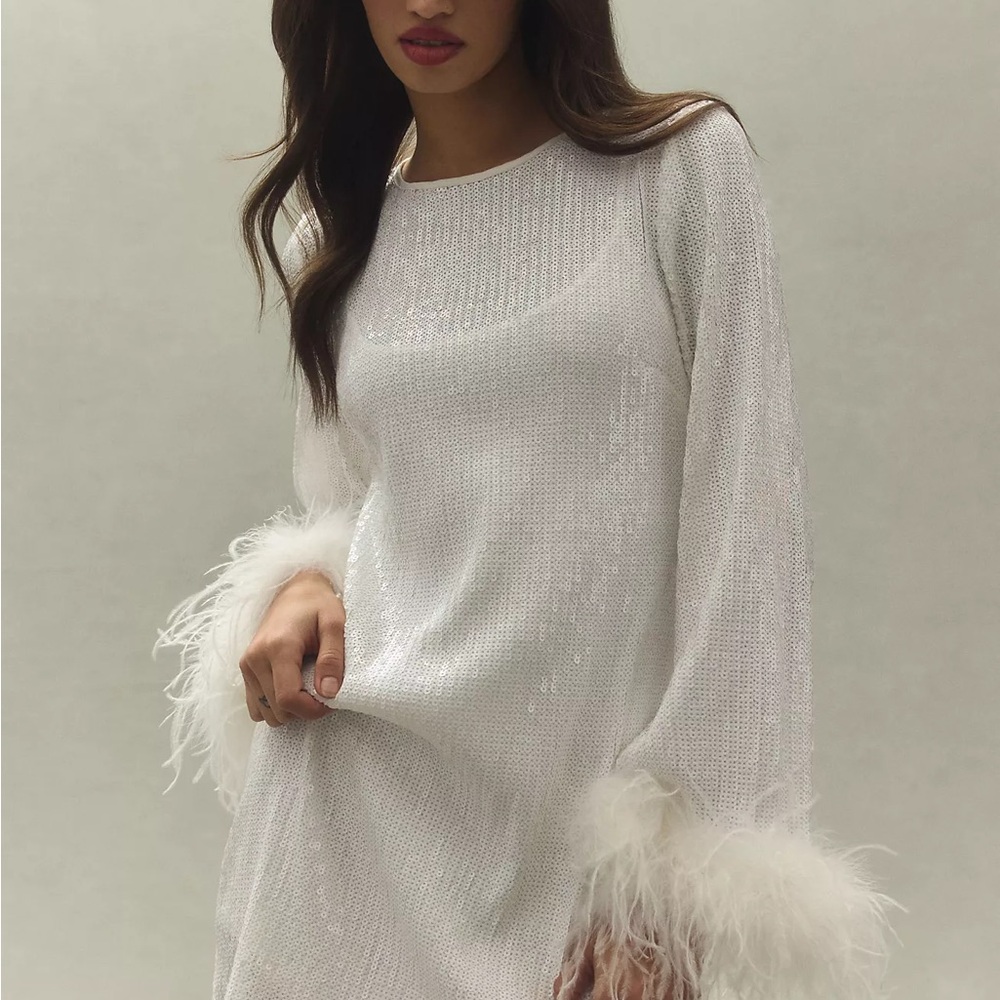 Anthro White Sequin Feather Cuff Dress